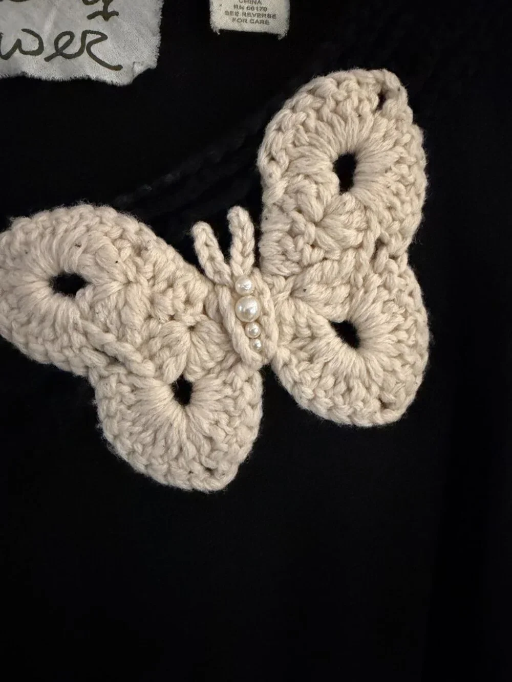 Anthropologie Field Flower Black Butterfly Crochet Trim Sweater